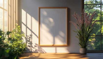 Room interior with frame mockup decorated with potted plants which makes it look elegant, frame mockup on the wall of the room with sunlight from the house window