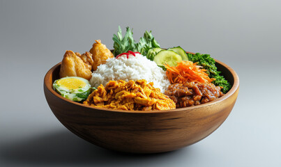 Nasi Dagang in a Traditional Bowl Floating Above, Offering a Flavorful Malaysian Rice Dish with Spicy Accents