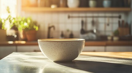 Sunlit Kitchen Scene with Minimalist Bowl on Wooden Countertop
