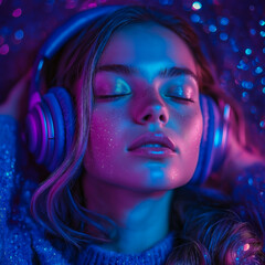a girl with headphones on a cosmic background.