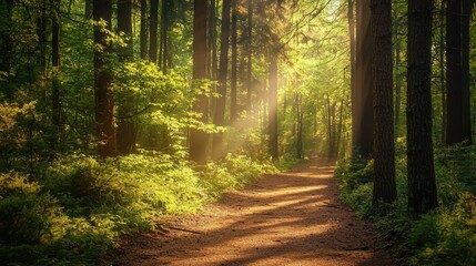 Obraz premium Tranquil Forest Pathway with Sunlight Filtering Through Trees