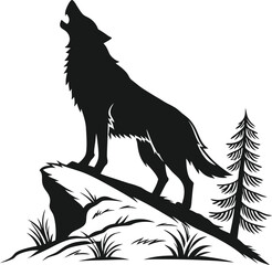A stylized black and white silhouette of a wolf howling. Howling Wolf Vector Illustration - Cartoon, Clipart, and Line Art Design