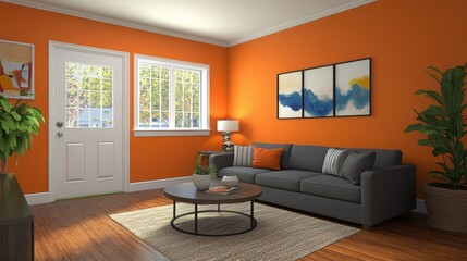 Bright orange walls complement the gray sofa in this living room. A white door adds a modern touch, while the brown parquet floor and carpet create a warm and inviting atmosphere.
