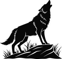A stylized black and white silhouette of a wolf howling. Howling Wolf Vector Illustration - Cartoon, Clipart, and Line Art Design