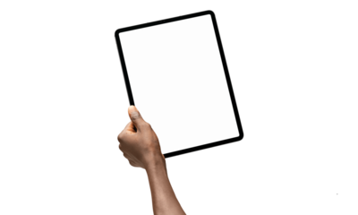 hand on a white background holding ipad with white  screen 