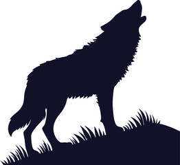 A stylized black and white silhouette of a wolf howling. Howling Wolf Vector Illustration - Cartoon, Clipart, and Line Art Design