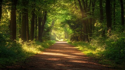 Fototapeta premium Serene Forest Pathway Surrounded by Lush Greenery and Sunlight