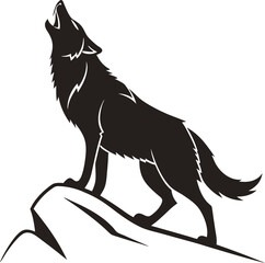 A stylized black and white silhouette of a wolf howling. Howling Wolf Vector Illustration - Cartoon, Clipart, and Line Art Design