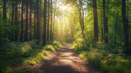 Fototapeta premium Serene Sunlit Path Through Lush Green Forest at Golden Hour