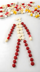 Man made of red, yellow and white pills on white background