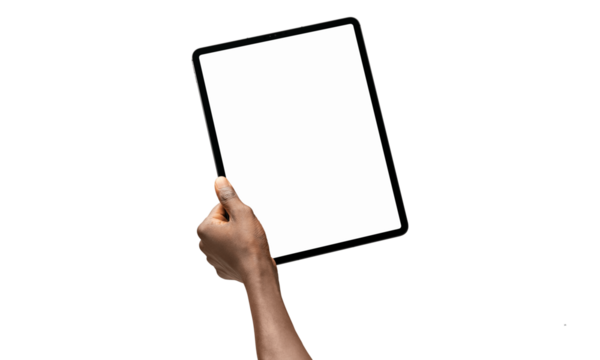 hand on a white background holding ipad with white  screen 