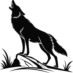 A stylized black and white silhouette of a wolf howling. Howling Wolf Vector Illustration - Cartoon, Clipart, and Line Art Design