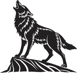 A stylized black and white silhouette of a wolf howling. Howling Wolf Vector Illustration - Cartoon, Clipart, and Line Art Design