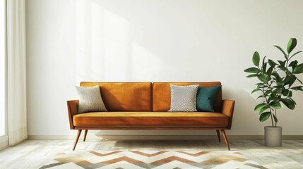 Cozy Modern Living Room with Stylish Brown Sofa and Green Plant