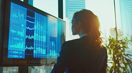 Businesswoman Analyzing Financial Data on Large Screen