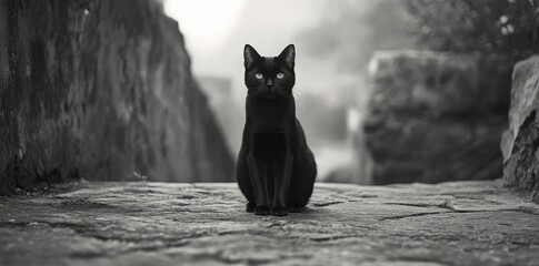 Stock Photo of a Classic Black Cat Silhouette on a White Background