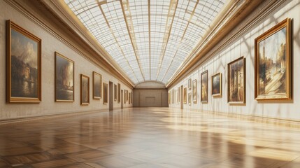 Fototapeta premium Elegant Art Gallery Interior with Natural Light and Paintings