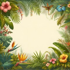 Fresh Exotic Jungle Menu Background Copy Space Menu Border Made of Tropical Leaves & Flowers. Watercolor For Summer Vibes Greeting Cards Posters Banners Placards Cafe Coffee Shop Hawaii Bar Restaurant