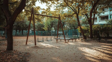 Fototapeta premium Quiet Playground in Autumn with Swings Surrounded by Trees