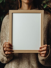 an empty wooden photo frame in the hands of a girl. for banners. for advertising purposes.