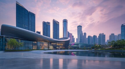 Obraz premium Modern Cityscape with Futuristic Architecture at Sunset in Urban Area