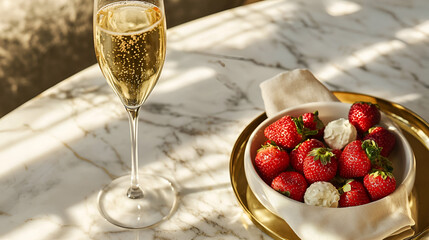 A celebratory moment with champagne and fresh strawberries.