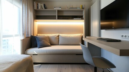 Fototapeta premium Modern Minimalist Living Space with Cozy Sofa and Desk Area