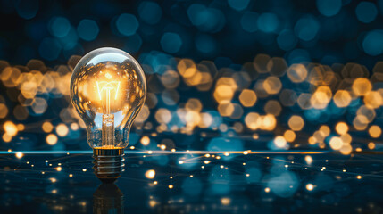A glowing light bulb stands out against a backdrop of bokeh lights, symbolizing innovation and bright ideas.