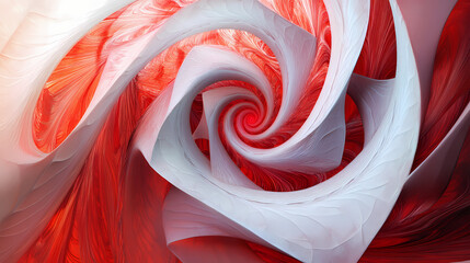 An abstract view of a spiral structure with soft red and white textures, creating a sense of depth and artistic elegance. Sculptural Depth. Illustration