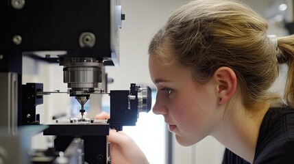 Young woman operating precision measurement equipment
