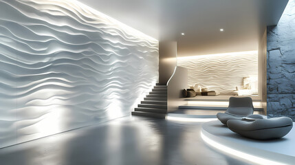 Contemporary interior with sculptural white wall panels hidden led lighting creating depth architectural elegance. Sculptural Depth. Illustration