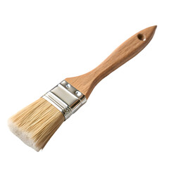 A wooden handled paint brush with yellow bristles isolated