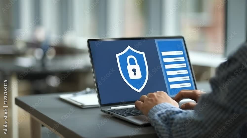 Poster cybersecurity: protecting your digital identity. a man logs in, showcasing secure access, data prote