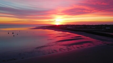 Fototapeta premium Vibrant Sunset Over Coastal Town And Calm Sea