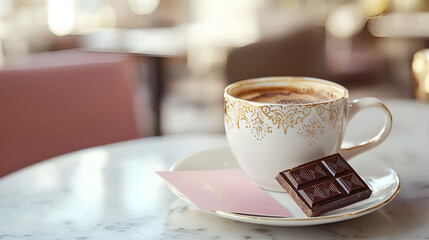 Fototapeta premium A cup of coffee and a square of dark chocolate rest on a marble table in a cafe, accompanied by a delicate pink card.