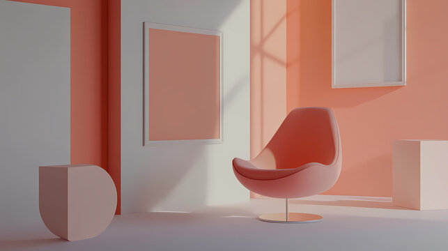Modern minimalist room with a sculptural chair and overlapping mockup poster frames, each framed with 3d depth to create a floating appearance. Sculptural Depth. Illustration