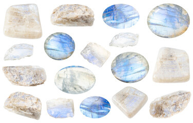 various samples of raw moonstone minerals isolated