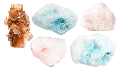 various samples of raw aragonite minerals isolated