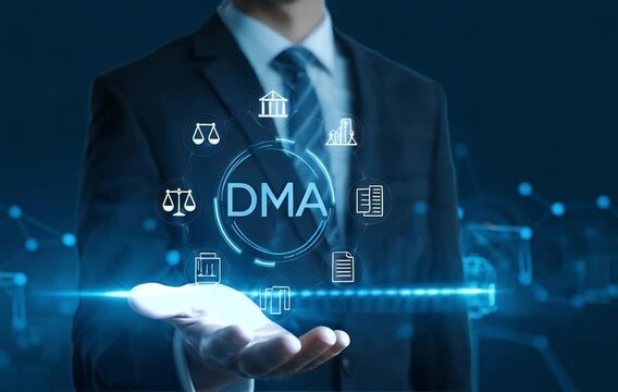 Digital Markets Act: Businessman Presenting Virtual DMA Compliance, Governance, and Regulations. Illustrative concept of legal frameworks in the digital world. 