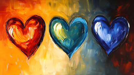 Three heart shapes in bold colors create a striking artwork enhancing emotional depth and visual appeal in a contemporary setting. Sculptural Depth. Illustration