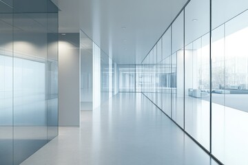 Bright corridor with glass walls, sleek reflective surfaces, and abundant natural light, creating a futuristic and open architectural design.