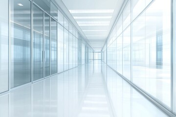 Bright corridor with glass walls, sleek reflective surfaces, and abundant natural light, creating a futuristic and open architectural design.