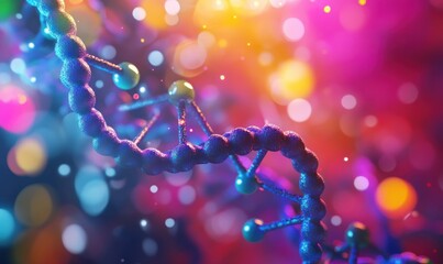 Close-up view of a glowing DNA strand in neon colors against a blurred background, symbolizing biotechnology, molecular genetics, and medical scientific breakthroughs