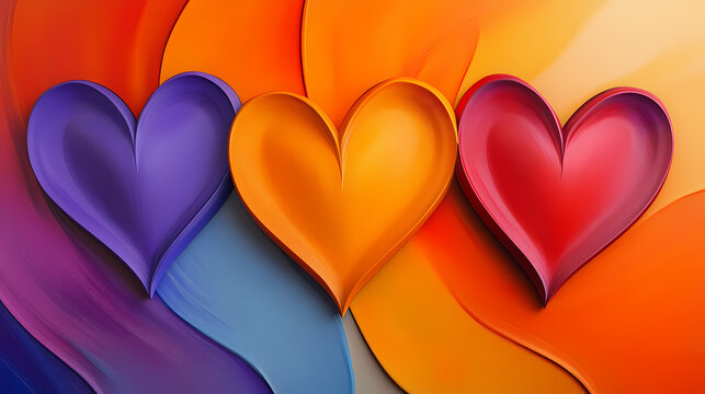 Three heart shapes in bold colors create a striking artwork enhancing emotional depth and visual appeal in a contemporary setting. Sculptural Depth. Illustration