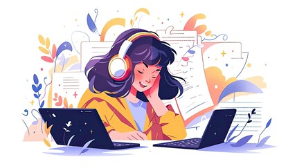 Smiling student girl completing an assignment, listening to an audio course, and preparing her essay or exercise at a table with a laptop