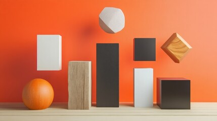 Abstract Composition of Geometric Shapes on Vibrant Orange Background