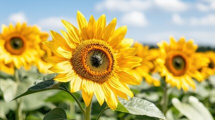 Fototapeta premium Bee pollinating sunflowers in a field, sunny day
