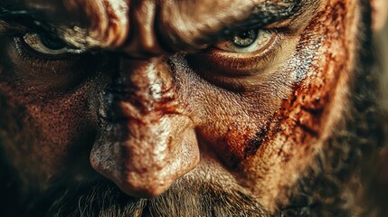 Obraz premium Intense Portrait of a Rugged Warrior with Battle Scars and Beard