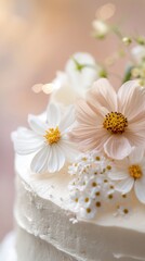 Close up of a delicate cream-colored cake with fresh flowers for a natural, elegant effect. Pastel-colored background, evoking a soft and serene atmosphere.