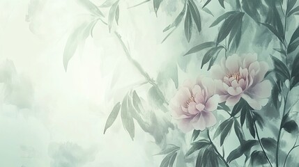 Fototapeta premium Soft Pastel Peonies Amidst Verdant Bamboo Leaves